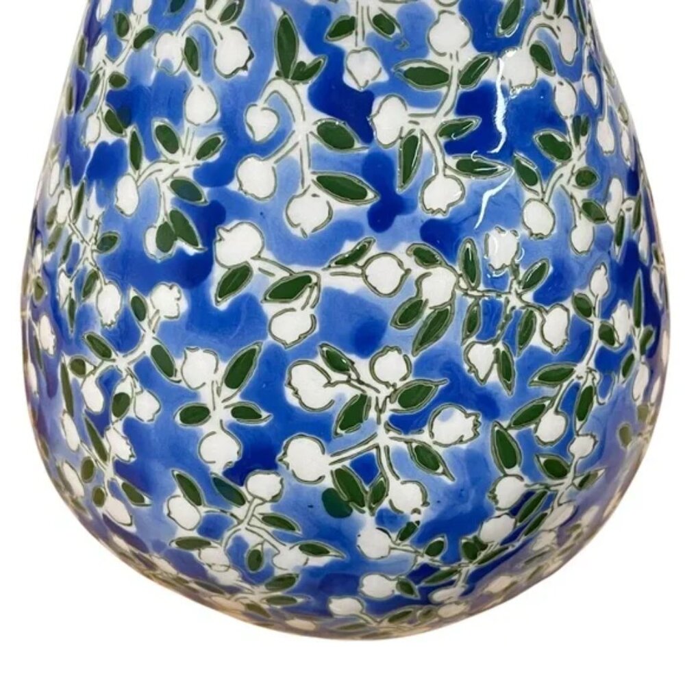 dorotea CAROLINA SILVA hand painted ceramic vase etched white flowers on blue - Picture 4 of 11